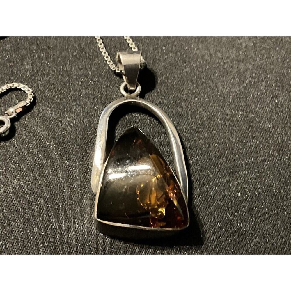 925 Italy Vintage 18in Box Chain Amber Pendant Necklace